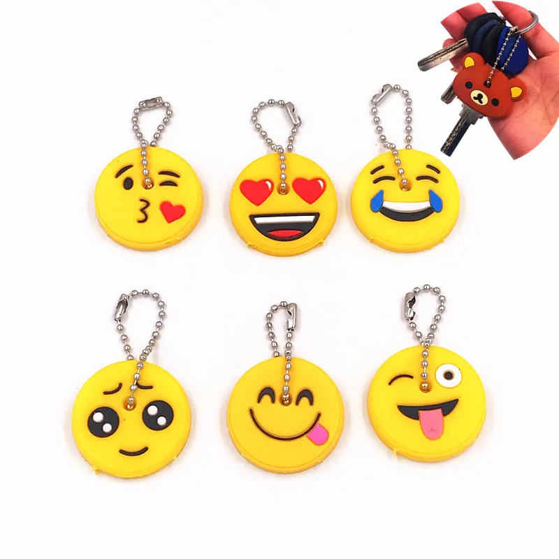

6Pcs/set Cartoon Anime Cute Key Cover Cap Silicone Expression Emoji Smile Keychain Women Gift Porte Clef Key Ring Key Chain