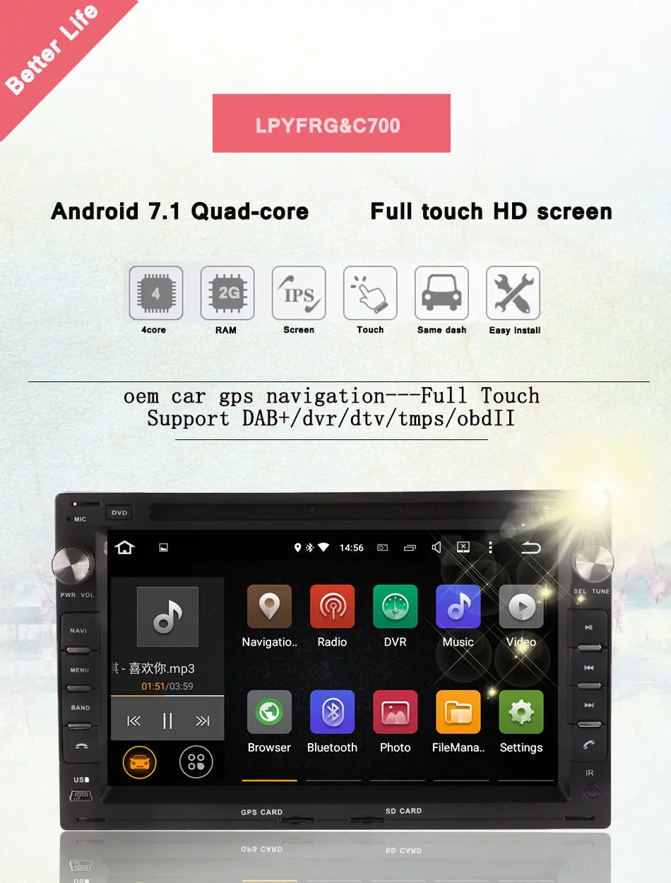 Excellent 1024*600 2GB RAM Android 7.1 Car DVD GPS For VW Glof Bora Passat Mk5 Golf Mk4 Polo Jetta Seat Bluetooth Radio Disc Player 2 DIN 6