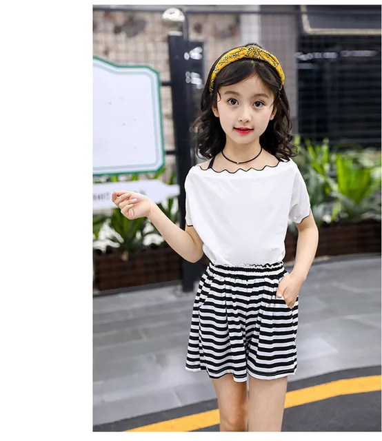 Conjuntos de ropa para niñas adolescentes negra verano blanco 2018 blusas de hombro a rayas pantalones 2 piezas conjunto de niñas pequeñas - AliExpress