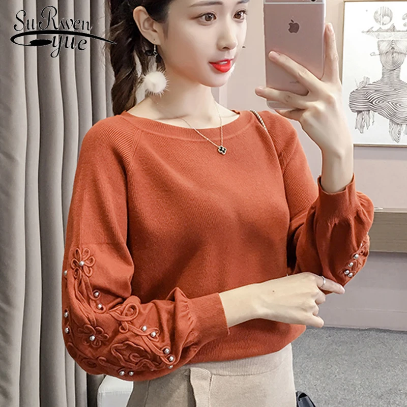

womens sweaters 2019 winter New loose collar embroidered nail beads thin long-sleeved women top knit sweater undercoat 1299 40