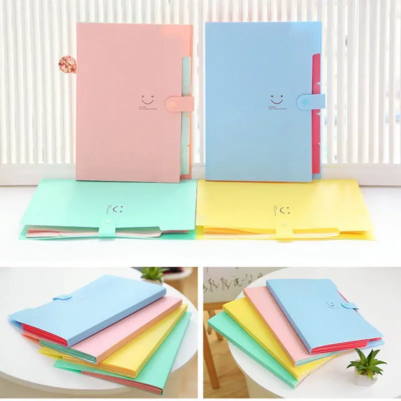 5 Pockets Plastic Expanding File Folders A4 Letter Size Snap Closure Paper Organizer Set of 4 Multicolored