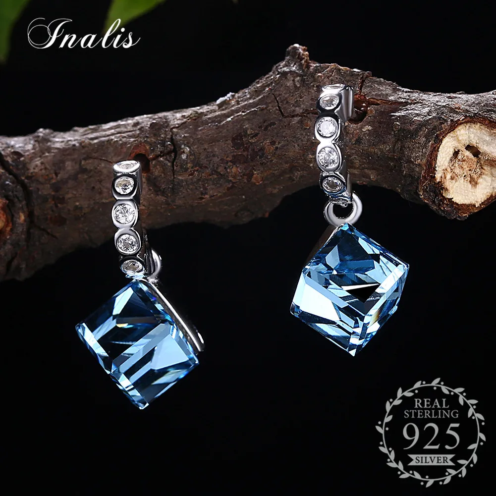 INALIS S925 LEKANI Crystals from Swarovski Blue Square Crystal Drop Earrings for Women Girls Gift Fine Jewelry Fashion Party NEW | Украшения