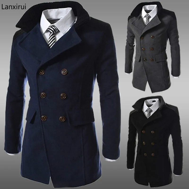 

fashion 2018 brand winter long trench coat men good quality double breasted wool blend overcoat for men size 3xl