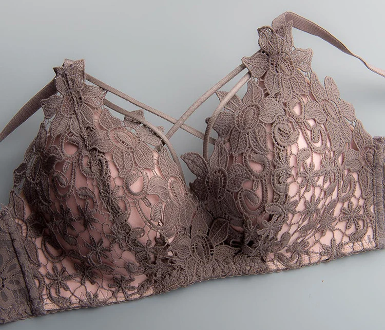 Queenral Sexy Lace Bra Set Push Up Underwear Set Lingerie Women Floral Wire Free Bra Brief Sets 34B Spandex Black Pink 123