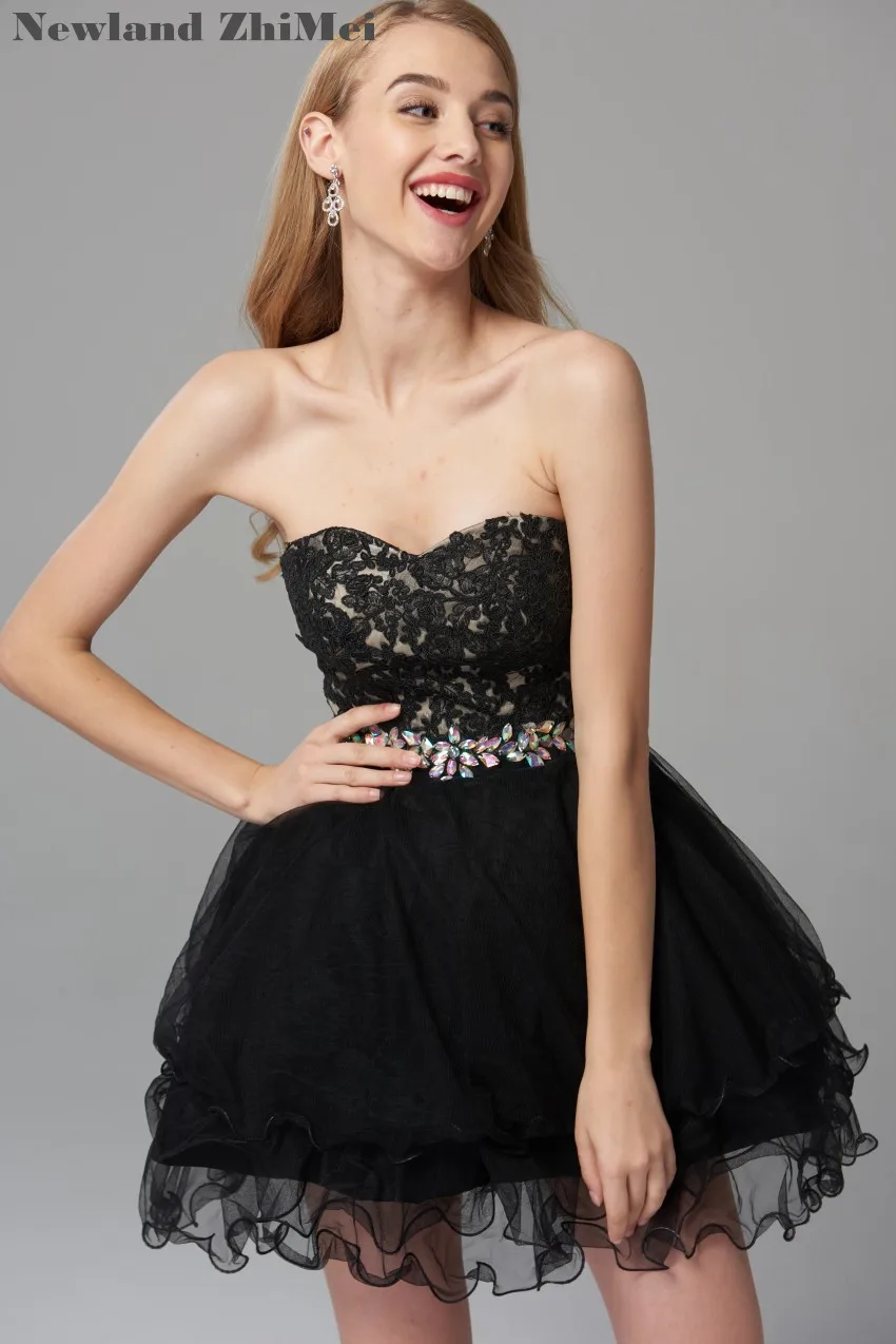 

Sexy Black Cocktail Dress New Arrival Sweetheart Applique Lace Crystal Bead Short Party Dress vestido formal corto
