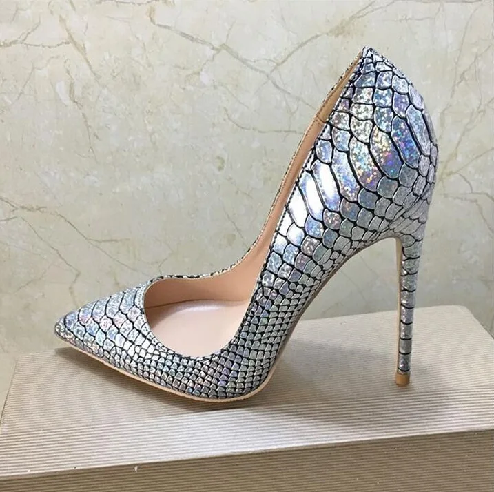 Elegant Silver Snake Print Leather Ladies Pumps Pointed Toe Slip on ...