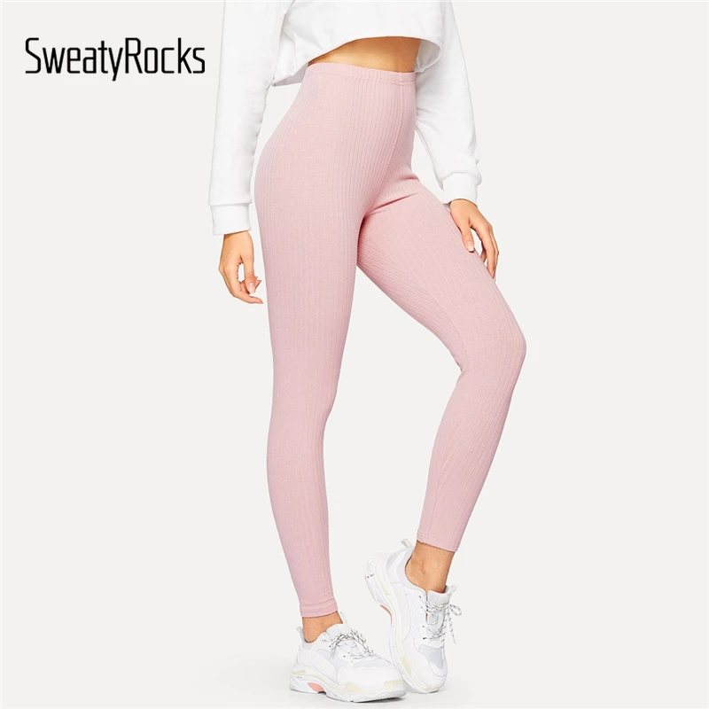 SweatyRocks, высокая талия, в рубчик, вязанные, одноцветные леггинсы, одежда для активного отдыха, розовые леггинсы,, летние женские леггинсы для активного отдыха