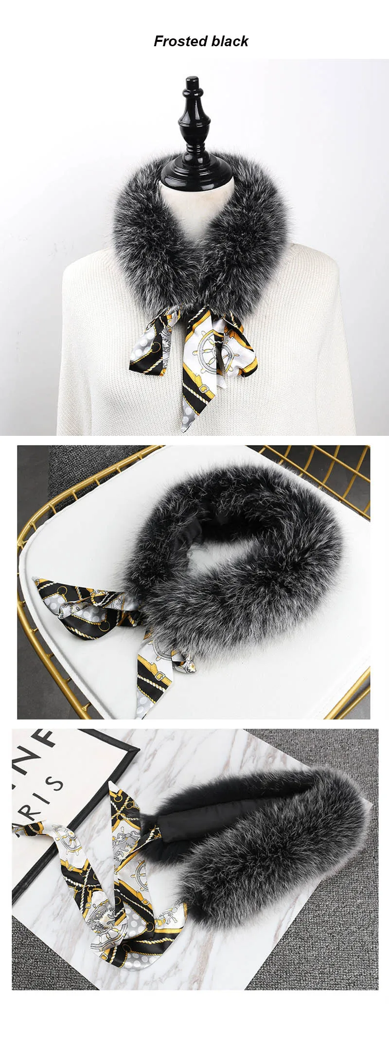 fox fur scarf with ribbon frosted black