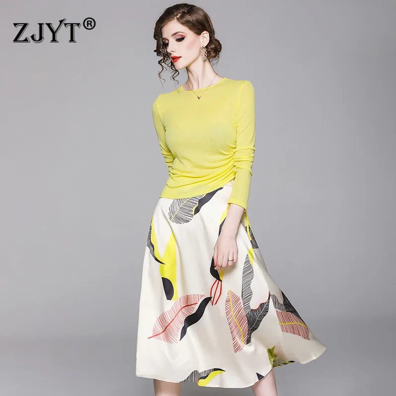 

2019 New Autumn Women Suit Set Fashion Designer Long Sleeve Knit Top and Print Skirt Matching Set Elegant Casual 2Piece Outfits