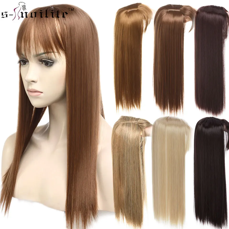 

SNOILITE 17inch Topper Toupee Hairpiece Clip In one piece hair Extension Synthetic hair with bangs for women 8 color