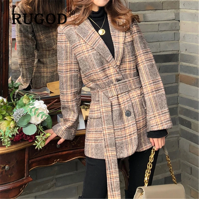 

RUGOD Vintage plaid lace up cotton coat women Auturm winter warm long sleeve office ladies coats Fashiong single-breasted jakets
