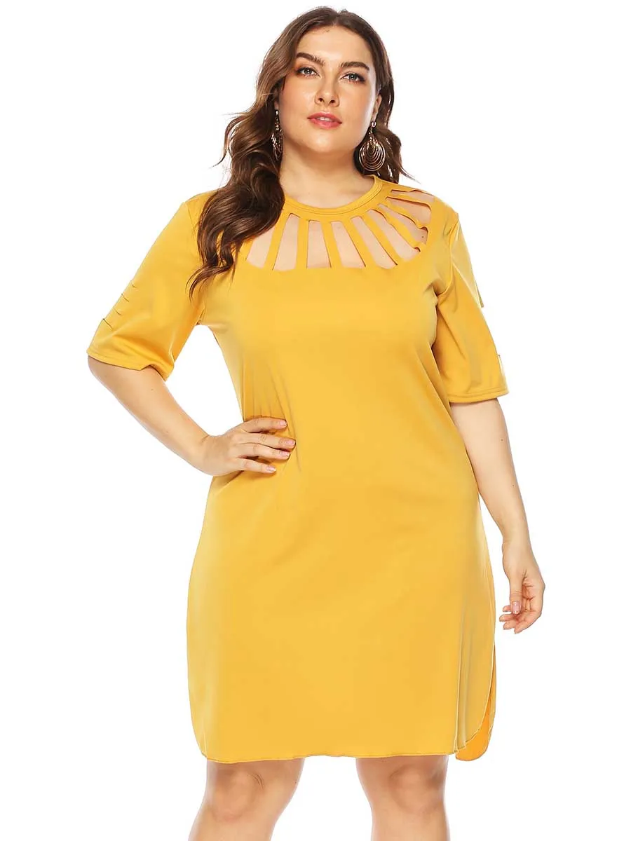 oversized dress Women Plus Size Solid Color Hollow Loose Split Sexy Dress summer ladies solid color knee length shift dresses