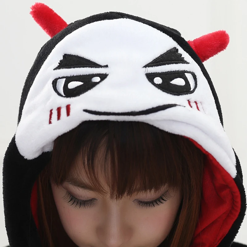 Funny Black Devil Kigurumi Soft Flannel One-Piece Pajamas Warm Demon Halloween Onesie For Adults Cosplay Party Costume Sleepwear