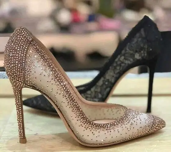 Sexy Bling Bling Crystal Wedding Shoes Bride Gold Mesh Rhinestone Patchwork Dress Pumps Champagne Black Glittering Heels Pumps
