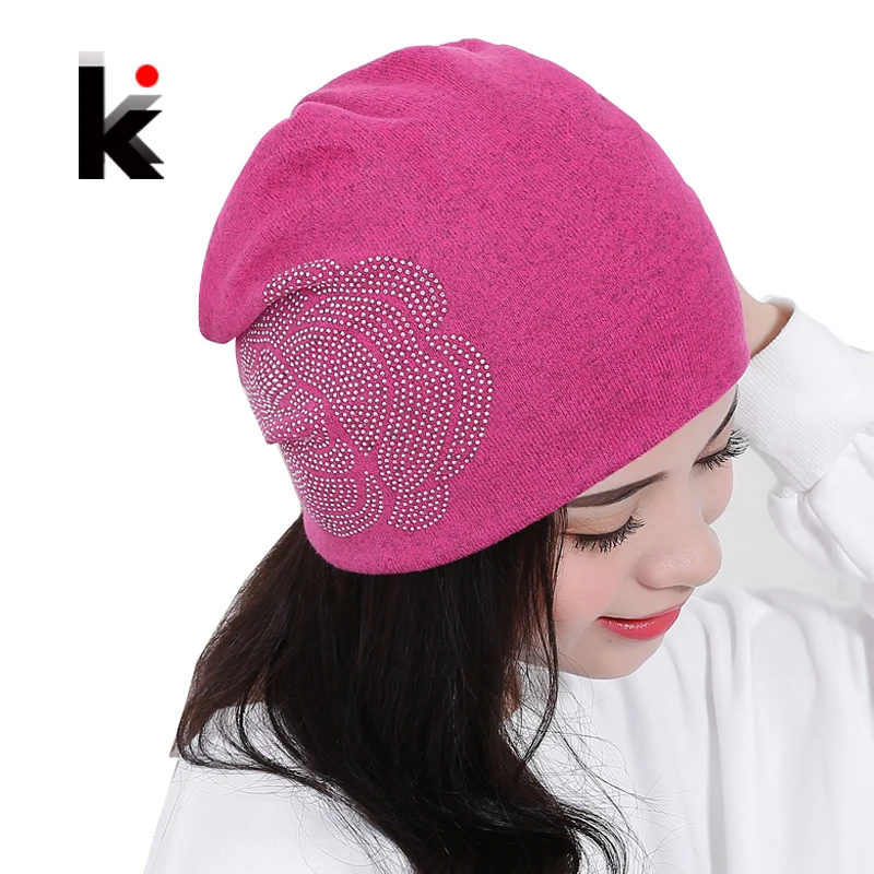 

Womens Beanie Autumn And Winter Brand Knitted Hat Turban Flowers Diamond Skullies Hip-hop Cap Ladies Lnit Hats For Women Beanies