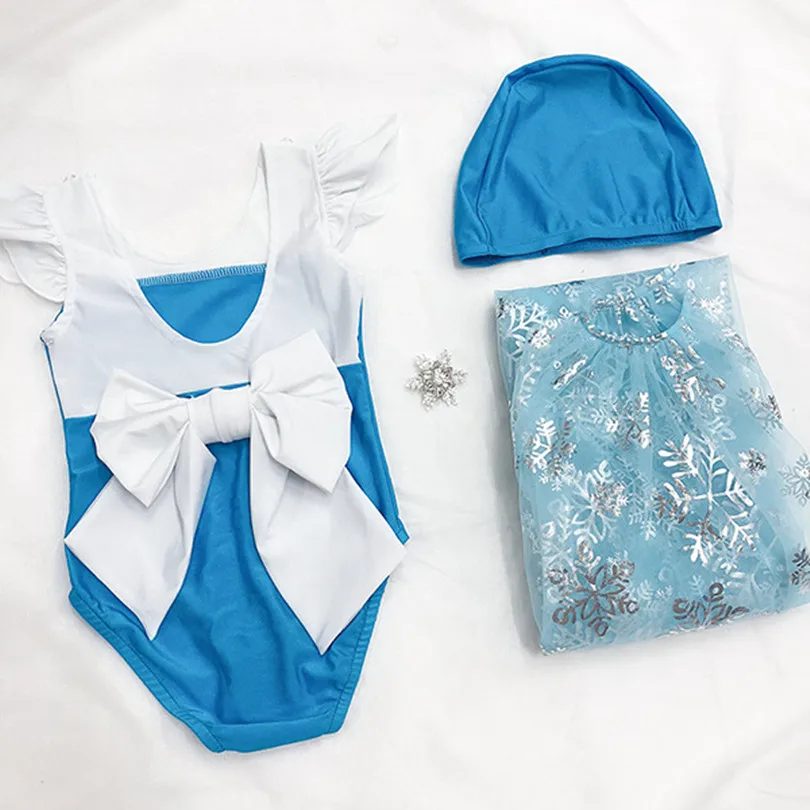 Baby Girls Swimsuit Elsa Costume Lace Toddler Kids Baby Swimwear Bikini+Hat+Cloak+Brooch 4pcs/set Infant Baby Bathing Suits