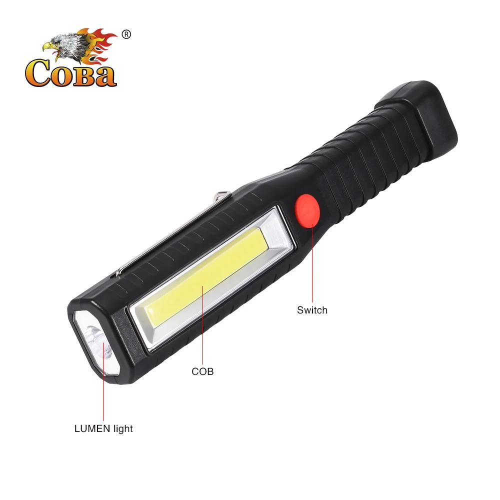 

Coba cob portable spotlight handheld led work light 2 light with 1 switch use 3*AA battery plastic cover metal stander magnetic