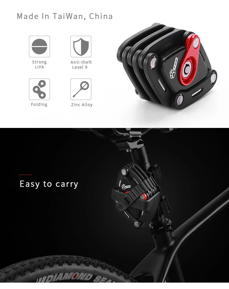PAW Foldable Bike Lock With 2 Keys Strong Security Zinc Alloy Anti-theft Bicycle Lock Mount Bracket Mountain Road Bike Lock (7)