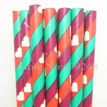 

100pcs Mixed Colors White Heart Green Red Dark Red Striped Valentine's Paper Straws,Retro Sweet Cake Pop Stick Valentine's Day