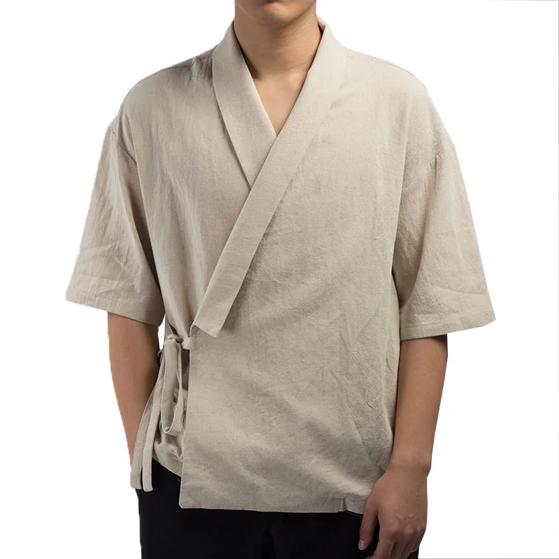 

2019 Men Shirt Kimono Japanese Harajuku Mens Shirt Linen Retro Origin Streetwear Cardigan Outwear Traditional Open Stitch Shirts