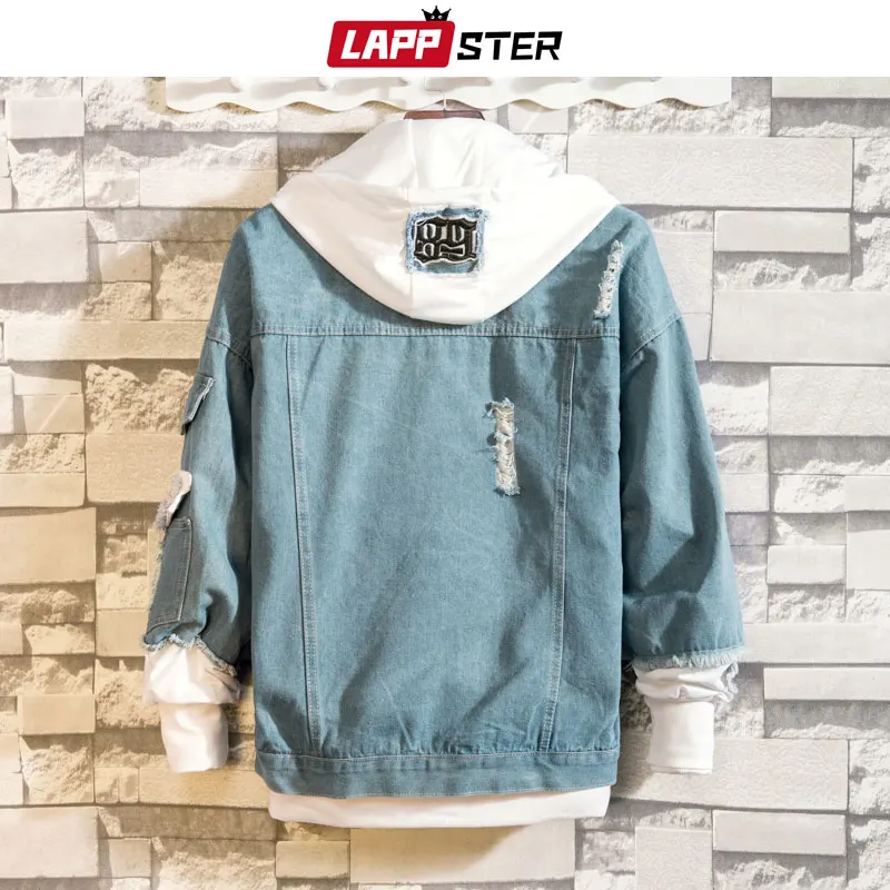 LAPPSTER Blue Bomber Jackets 2019 Men Streetwear Denim Jacket Fake Two Pieces Hip Hop Jeans Jacket Harajuku Hooded Windbreaker LAPPSTER Blue Bomber Jackets 2019 Men Streetwear Denim Jacket Fake Two Pieces Hip Hop Jeans Jacket Harajuku Hooded Windbreaker