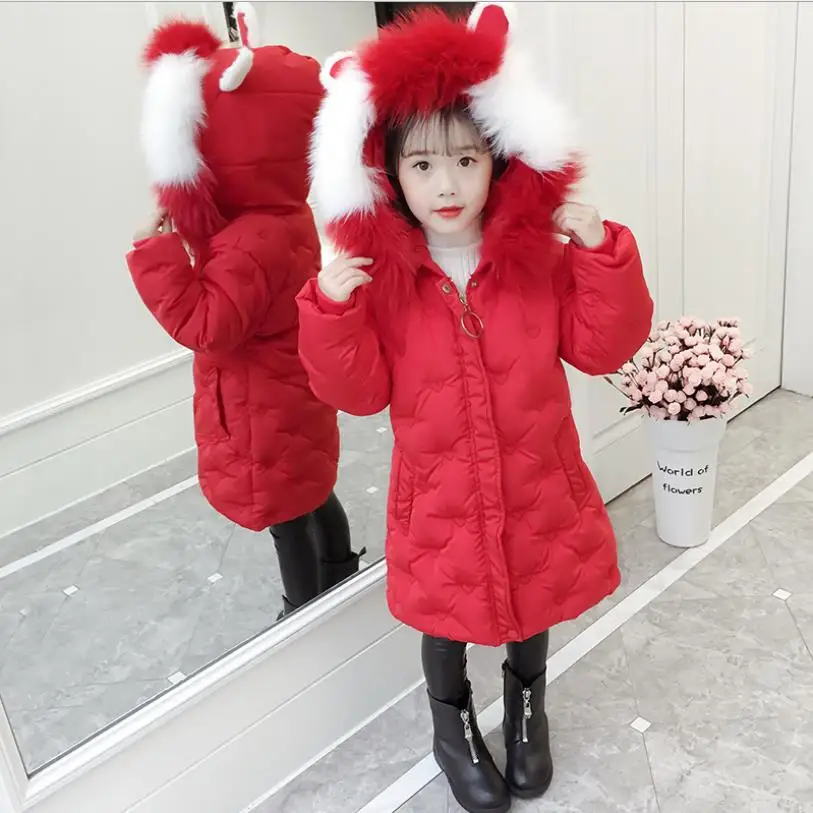 

2019 winter new cute rabbit ears hooded cotton coats girls big fur collar zipper parkas jackets children outerwear ws18