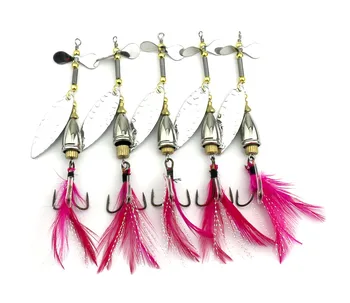 

HENGJIA 5PCS/lot Blade Spoon Lures Hard Fishing Tackle 9.8CM-9.5G Spinner Fishing Lures Metal Spinnerbait Feather Hooks