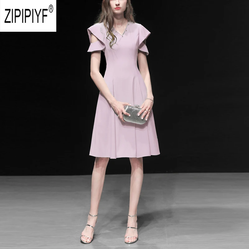 

Hollow Out Women Dresses V Neck Short Sleeve Ball Gown Off The Shoulders Dresses High Waist Party Button Short Dresses Z1994