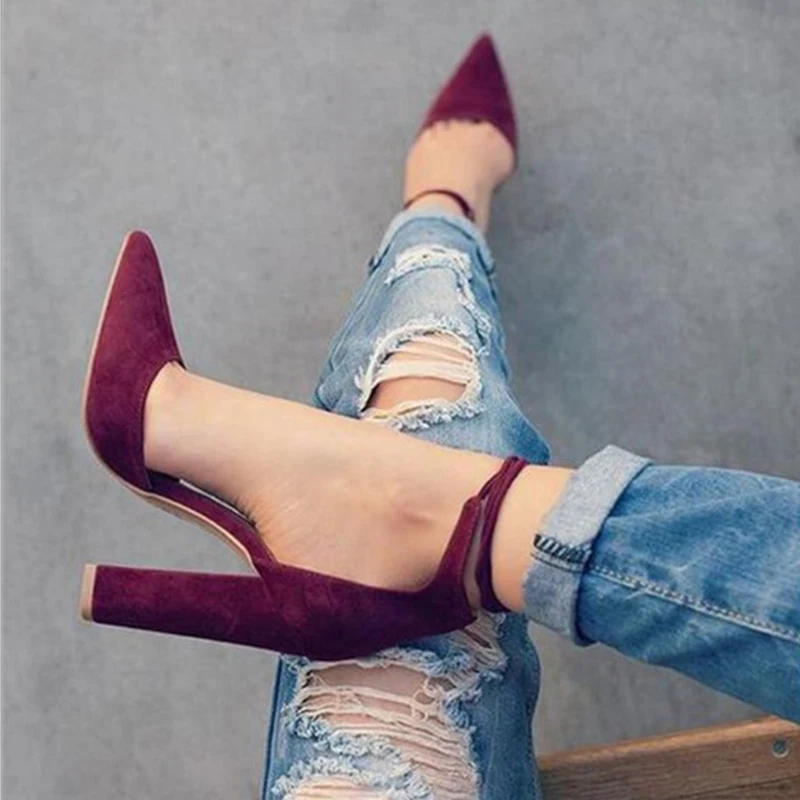 

2018 Women Fashion High Heel Shoes Sexy flock Square Heel Footwear Female Wedding Ladies Summer Shoes Women Pumps BT733