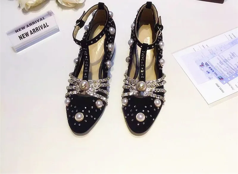 

Black  Wedding Shoes with med Heel sheepskin Shoes genuine leather Rhinestone Pearl  Round Toe Dress Shoes Spring Autumn Party