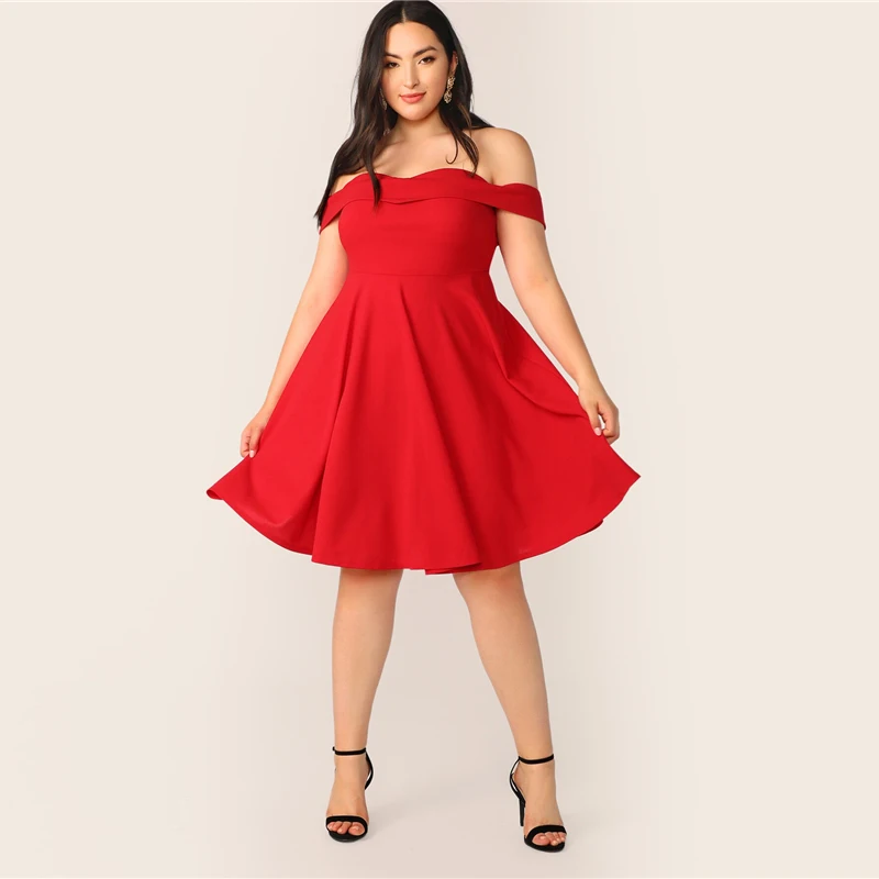 SHEIN, платье трапециевидной формы с открытыми плечами размера плюс,, женское летнее элегантное милое однотонное платье с высокой талией