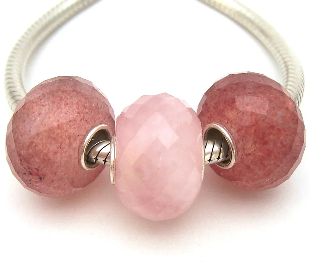 

SBSSG10 3X 100% S925 Sterling Silver Beads Gemstone Strawberry Quartz Horse powder Murano beads Fit European Charms Bracelet