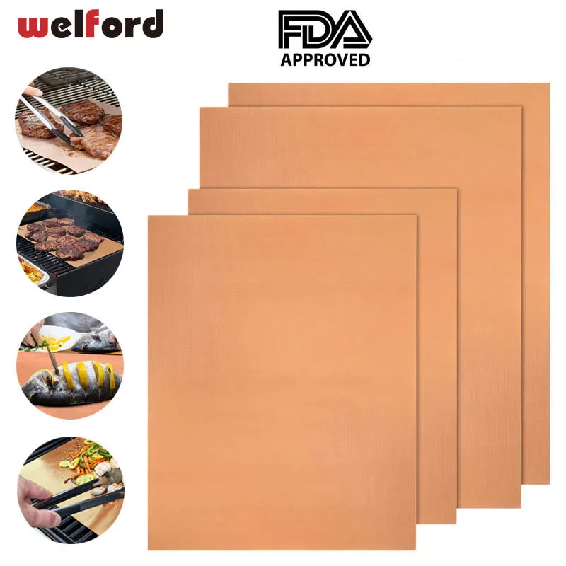 2pcs Golden Copper Non stick BBQ Grill Mat Barbecue Baking Liner Teflon
