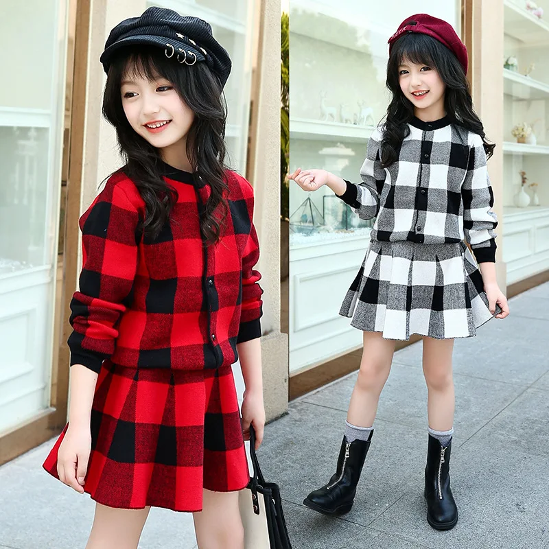 Children Sweater Clothing Set Autumn Winter Girls Clothes Kids Knitted Plaid Coat + Skirt Suits