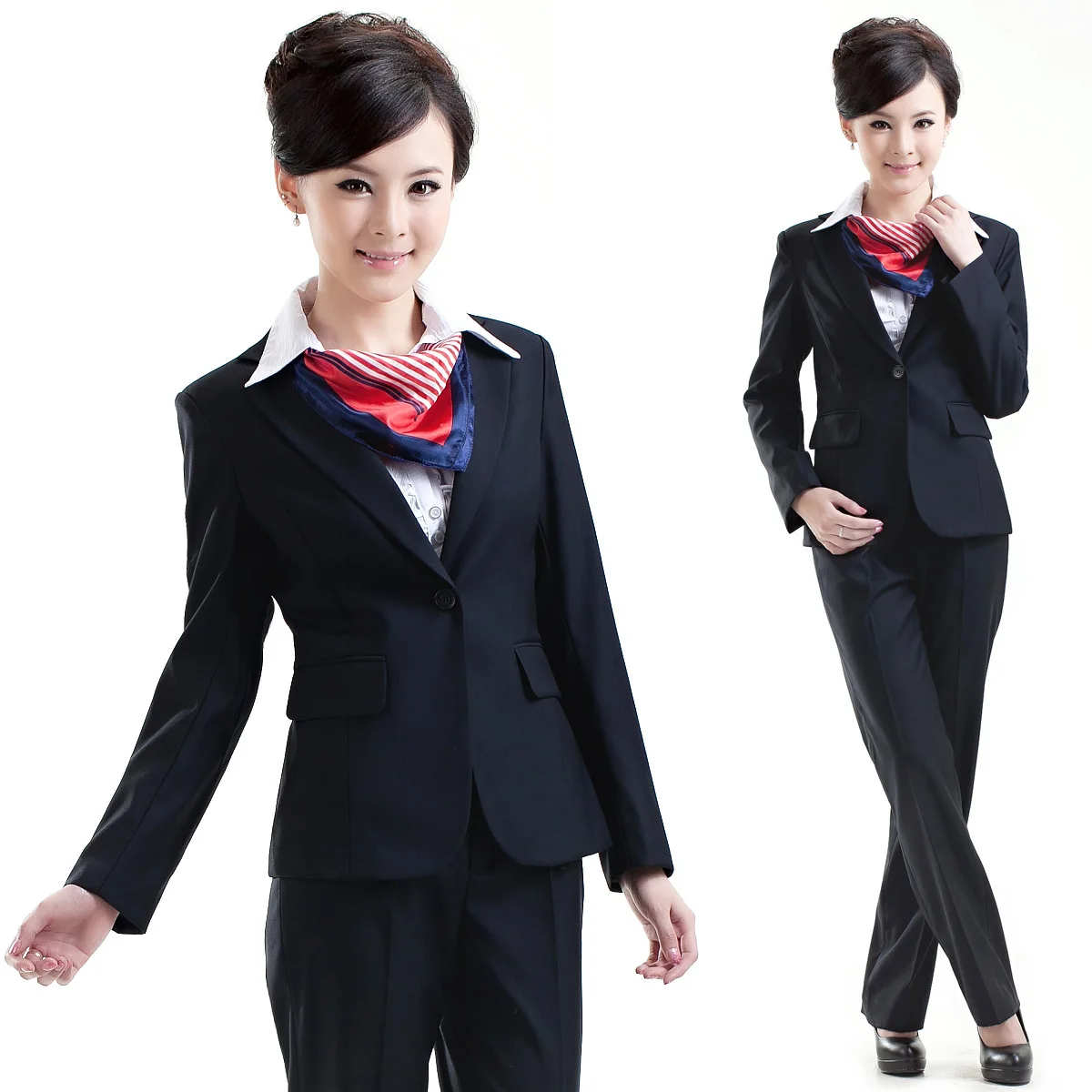 Formal dark blue one button suit mounted administrative uniform work