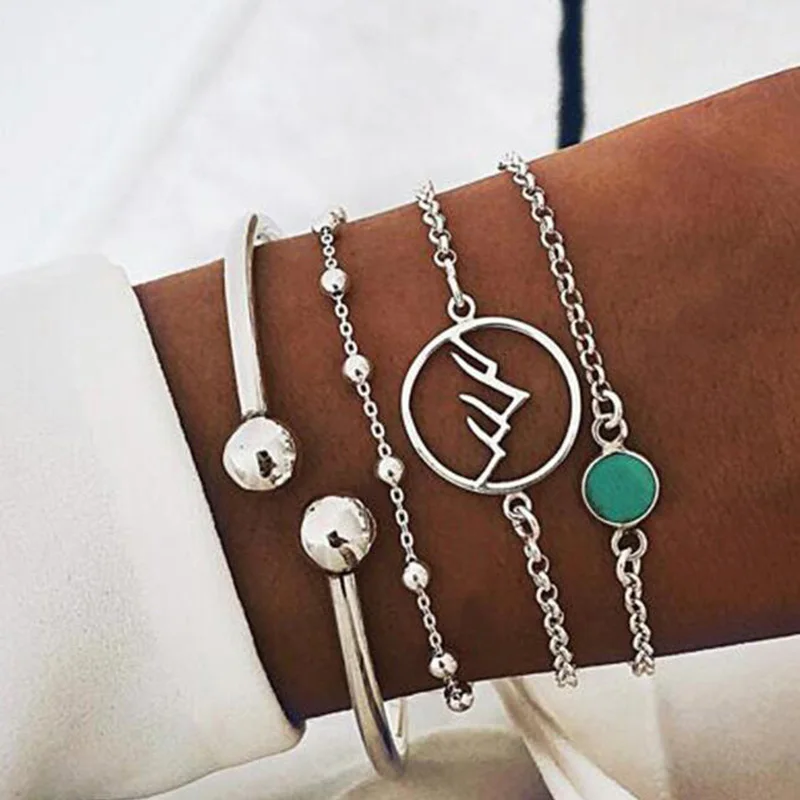 

4 Pcs/Set Geometric Round Mountain Range Charm Bracelet for Women Simple Silver Link Chain Braclets Femme Bracelet Set 4 Pcs
