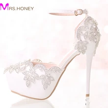 White Bridal Wedding Dress Shoes with Ankle Straps Round Toe Crystal Bride Shoes Platform Formal Dress Shoes Prom Party Pumps