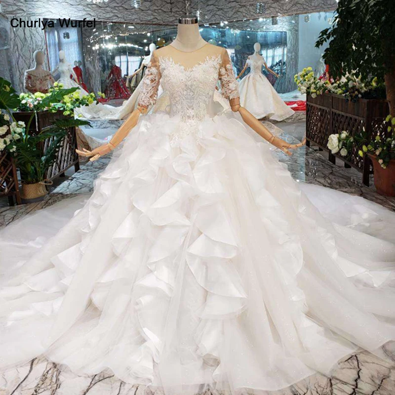 

LS20097 ruffle style wedding dresses like white short sleeves illusion back zipper luxury handmade ball gown wedding gowns 2019