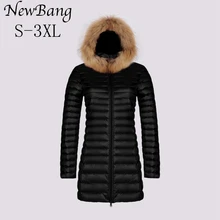NewBang/брендовая куртка из меха енота, Женская куртка с капюшоном, ультра легкая куртка на утином пуху, длинное женское пальто, парки с сумкой для переноски