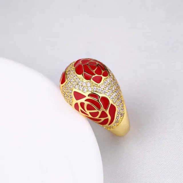 CHUKUI Wholesale Simple Gold Jewelry Men Rings For Women Copper Wedding Band Red Enamel Rose Flower Crystal Rhinestone Ring