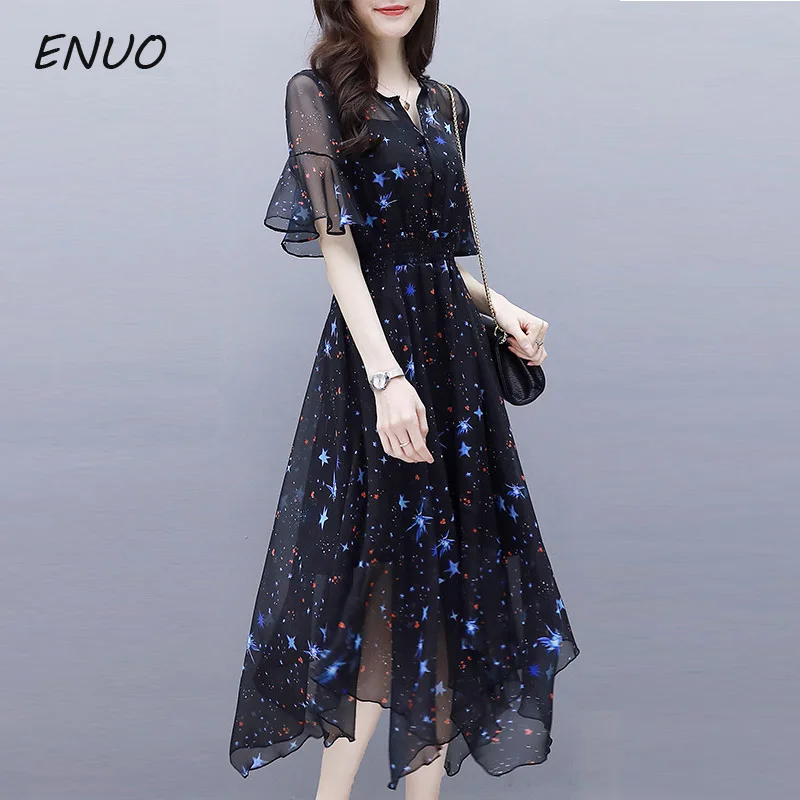 

Designer Runway Dress 2019 Women Summer Short Sleeve Star Printed Irregular Ruffles Chiffon Dress Vacation Boho Dress Plus size