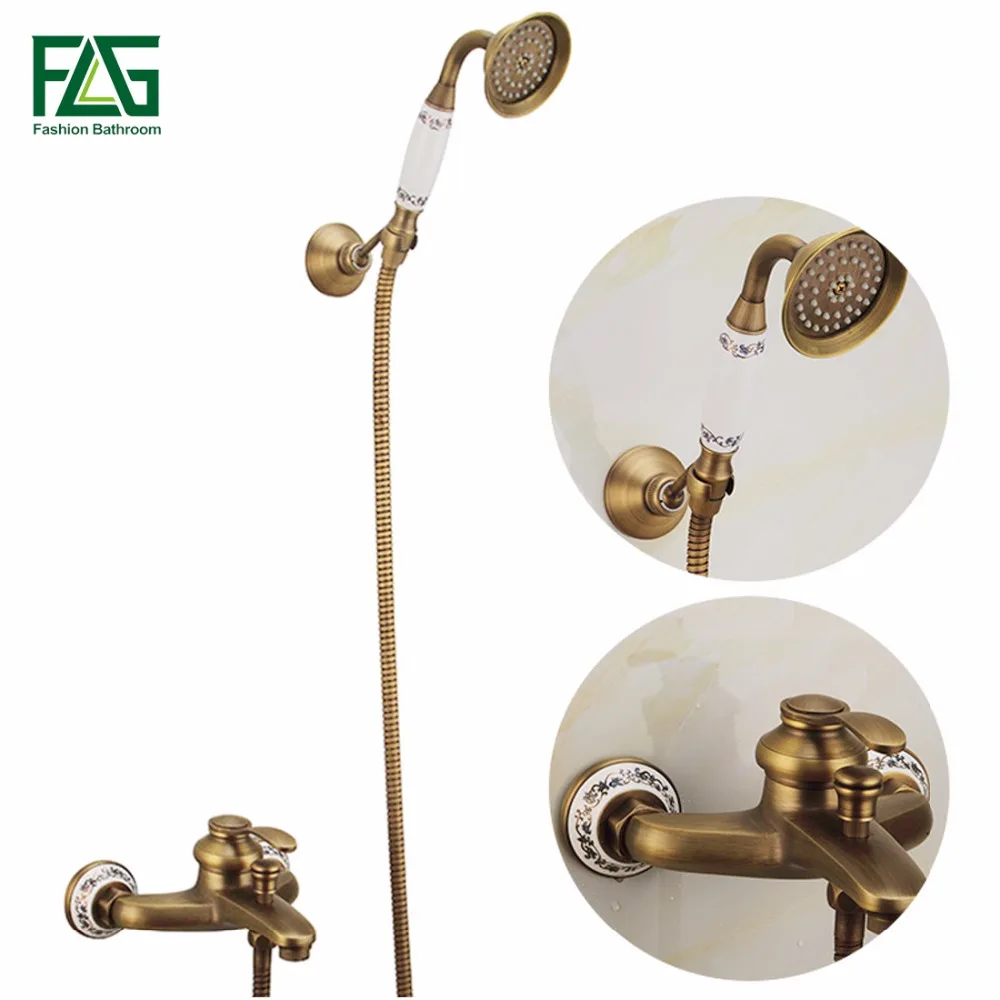 

Antique Brass Bathroom Bath Faucet Wall Mounted Hand Held Shower Head Kit Shower Faucet Sets FLG40009A