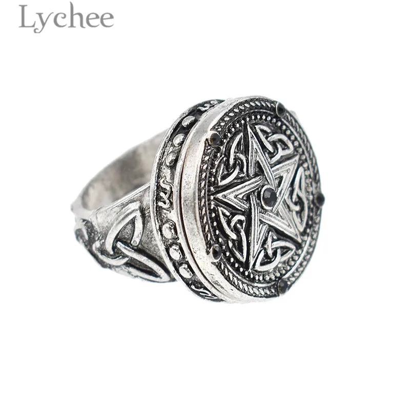 Lychee Vintage Alloy Magic Pentagram Star Unisex Ring Open Cover Antique Silver Color Ring Retro Jewelry for Men Women