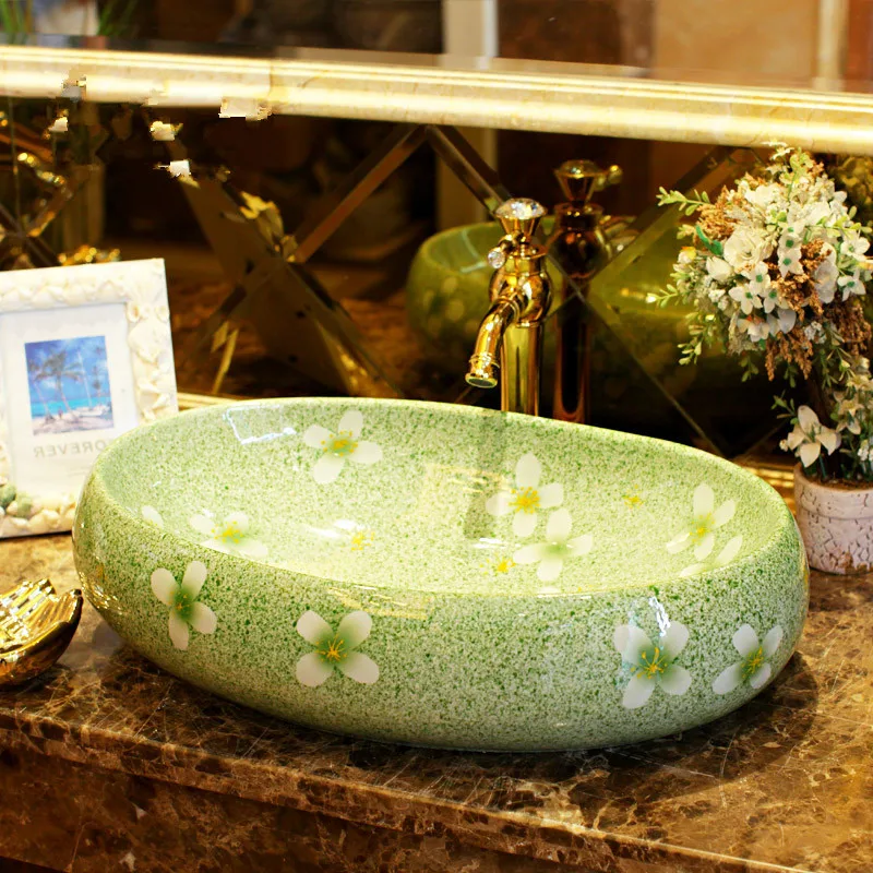 С зеленой глазурью цветочный фарфор ванная комната vanity раковина для ванной комнаты со столешницей овальная раковина для ванной умывальник LO613519