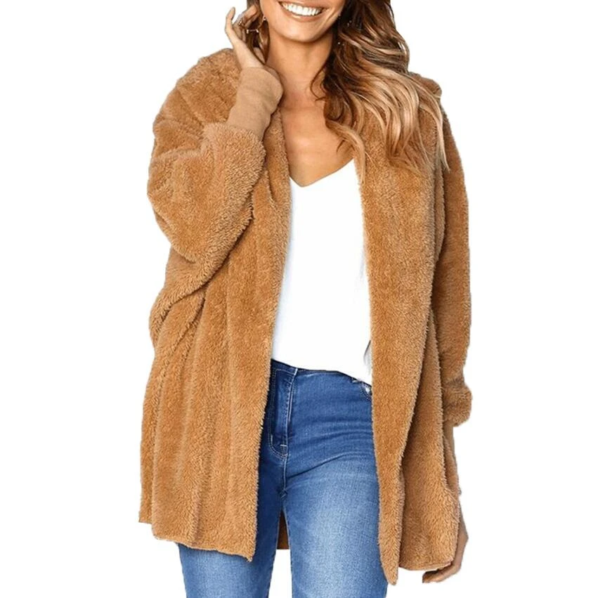 Ladies Soft Jacket Women Autumn Loose Faux Fur Hooded