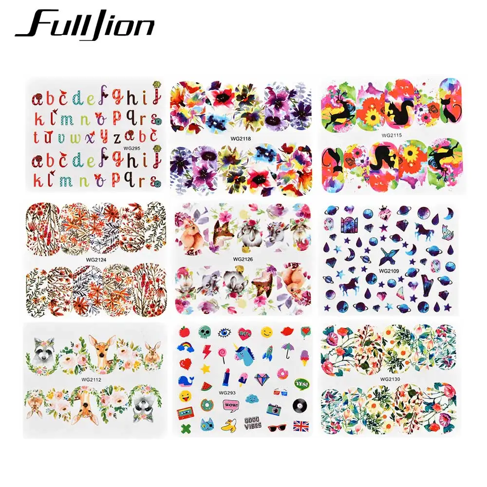 Fulljion 20 шт наклейки для ногтей, Водные Наклейки, красочный дизайн, цветок, животные, фрукты, водные знаки, слайдер, переводные тату, аксессуары для ногтей