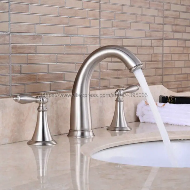 

Brushed Nickel Brass 8" Widespread Bathroom Basin Sink Faucet Deck Mount Dual Handles Mixer Taps Bnf039