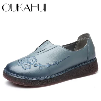 

OUKAHUI Autumn Handmade Genuine Leather Embroidery Flat Woman Shoes Spring Elegant Flats Low Heel Loafers Ladies Casual Shoes