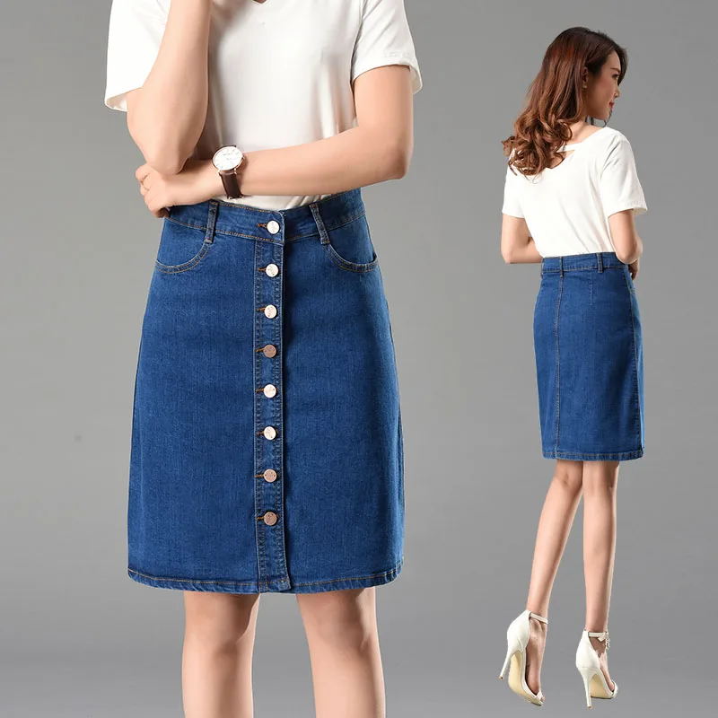 7XL размера плюс джинсовая юбка женская однобортная тонкая юбка с карманами и пуговицами джинсовая юбка посылка до колен