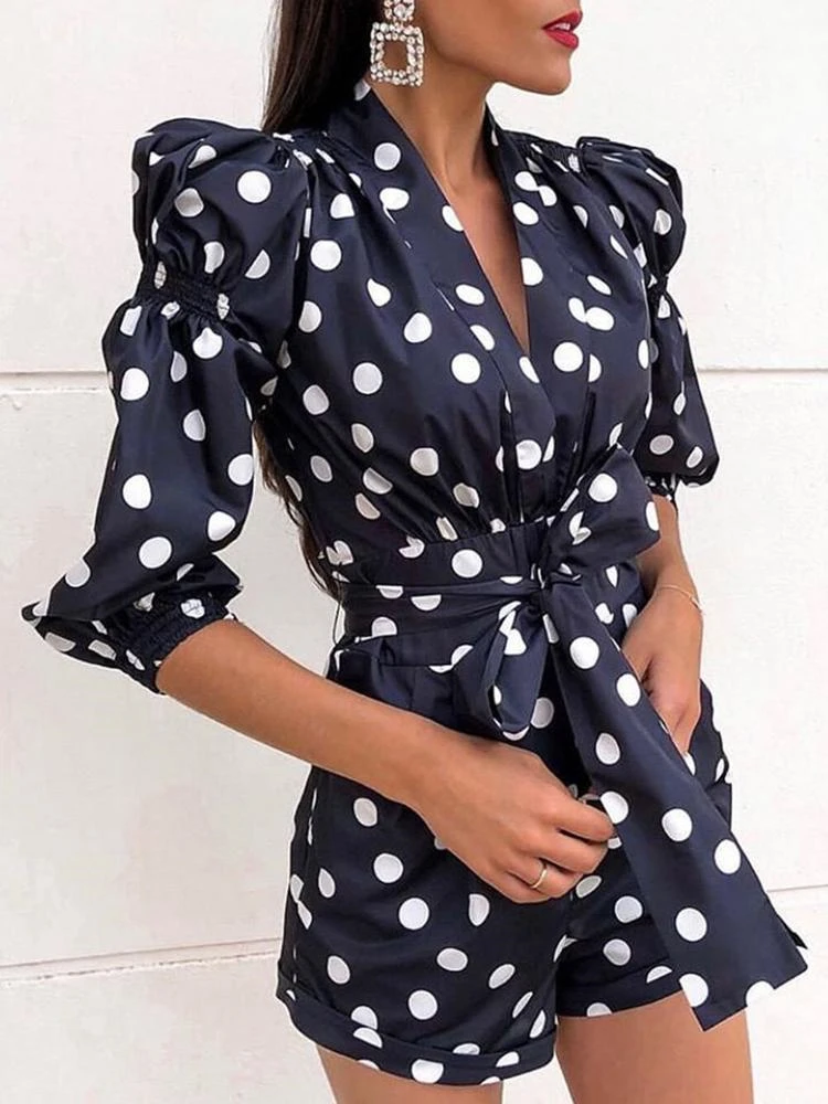 

2019 Autumn Women Elegant Casual Short Jumpsuit Female Summer Vacation Leisure Playsuit Puffed Sleeve Dot Print Knotted Romper